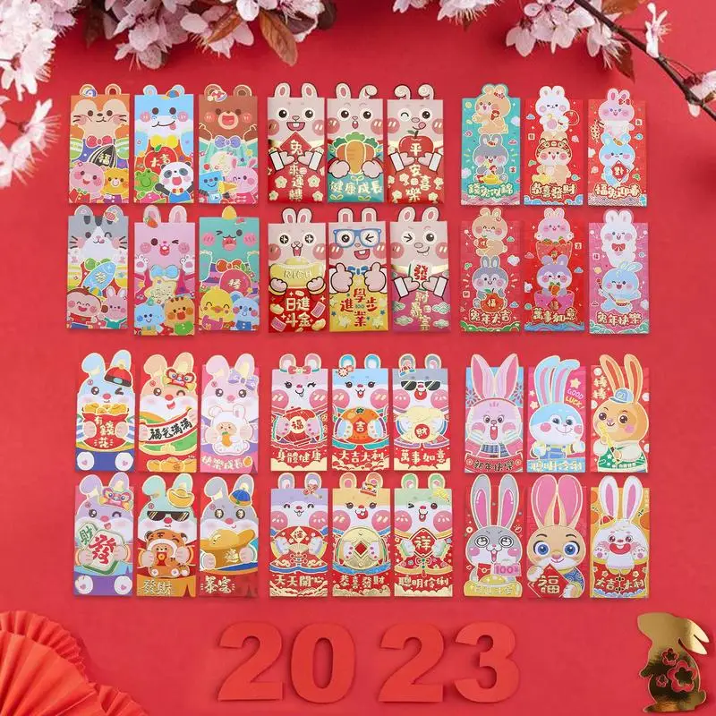 

6 шт., красный Карманный конверт с кроликом для нового года, 2023