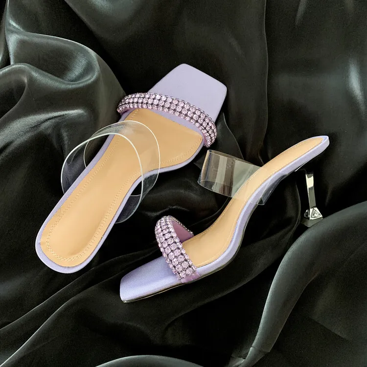 

Square Toe Women Rhinestone Slippers Violet Sole Iron Thin High Heels 8cm Slides Shine Crystal Lady Prom Sandalias Black Creeper