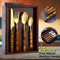 24pcs natural bamboo tableware set stainless steel includes fork knife spoon set flatware with gift box dinnerware cutlery set