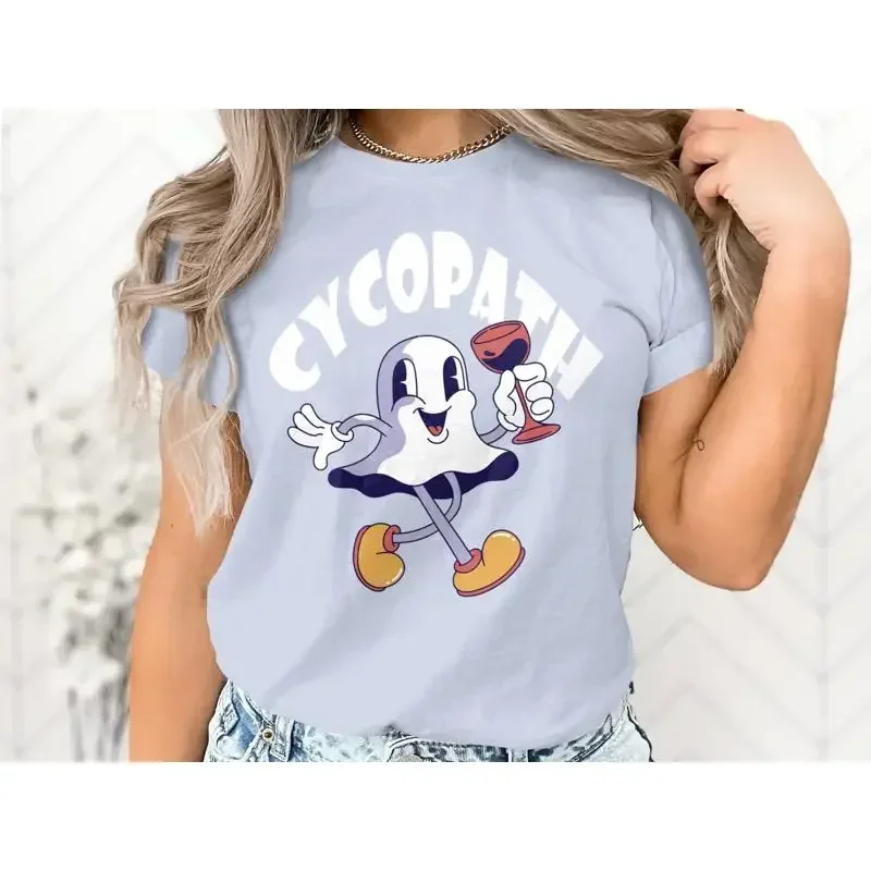 Фото Футболка Cycopath Halloween Ghost в стиле ретро, забавная, милая, с изображением пьющего персонажа №1