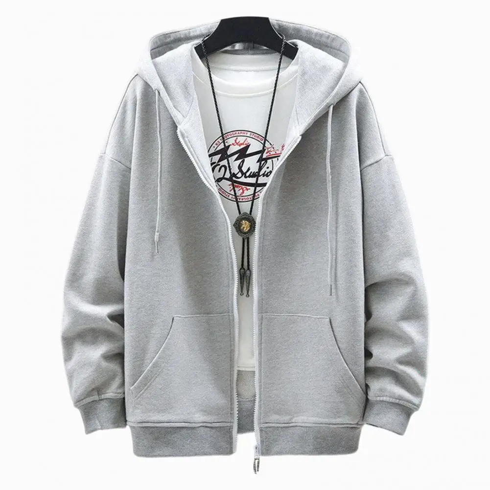

Men Coat Solid Color Warm Cardigan Elastic Cuff Patch Pockets Zipper Hooded Plus Size Plush Thermal Men Hoodie for Daily Wear