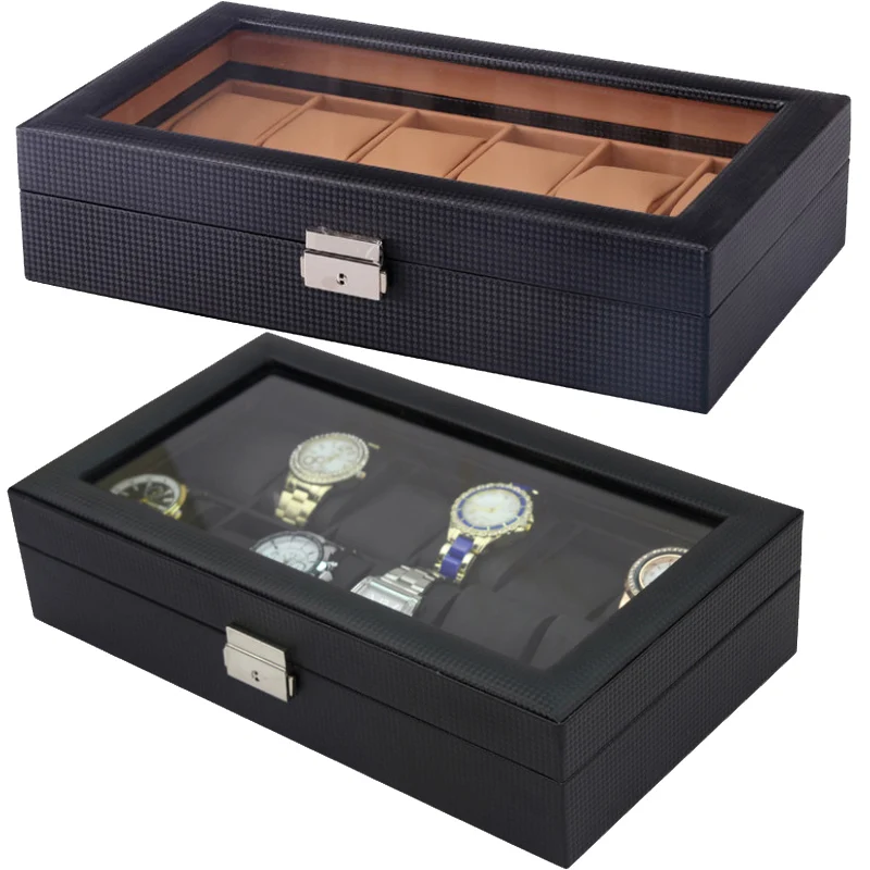 New High Quality Carbon Fiber 6/10/12 Grids Clock Box /Sunglass Storage Or Display Men Ladies Universal Watch Gift Promotion |