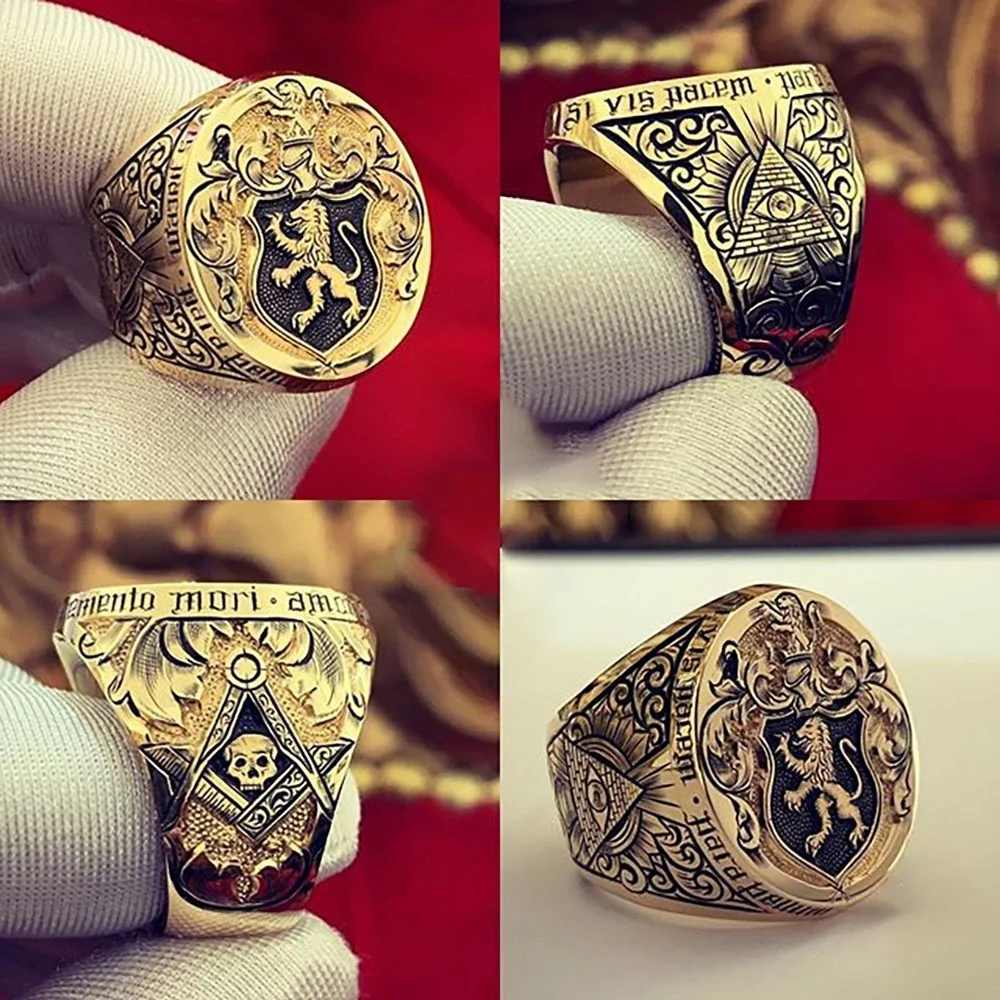 

Men's Handmade Gold color England Lion Engraved Seal Rings Fashion Aristocratic Family Engagement Wedding Ring Gift Jewelry
