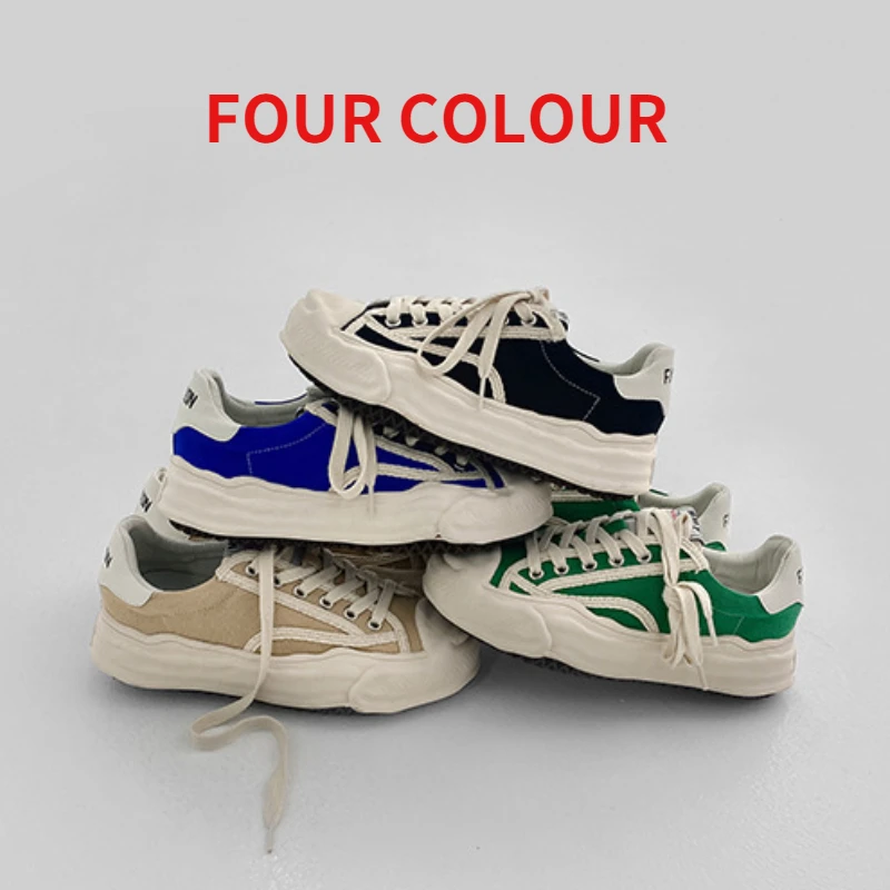 

Chunky Sneakers Women Canvas Patchwork Round Toe Cross Tied Design Platform Sole Ladies Dissolve Shoes Handmade