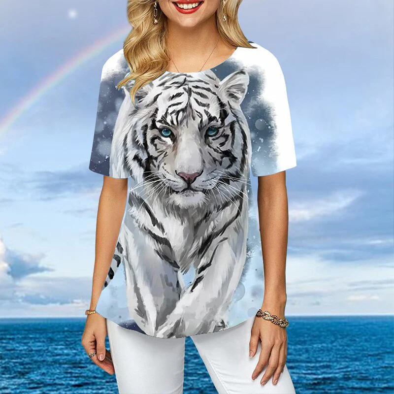 

Women Plus Size Ladies Tee Short Sleeve T Shirts Colorful Tiger 3d Print Loose Casual Tops Female Irregular Summer Women Clothes