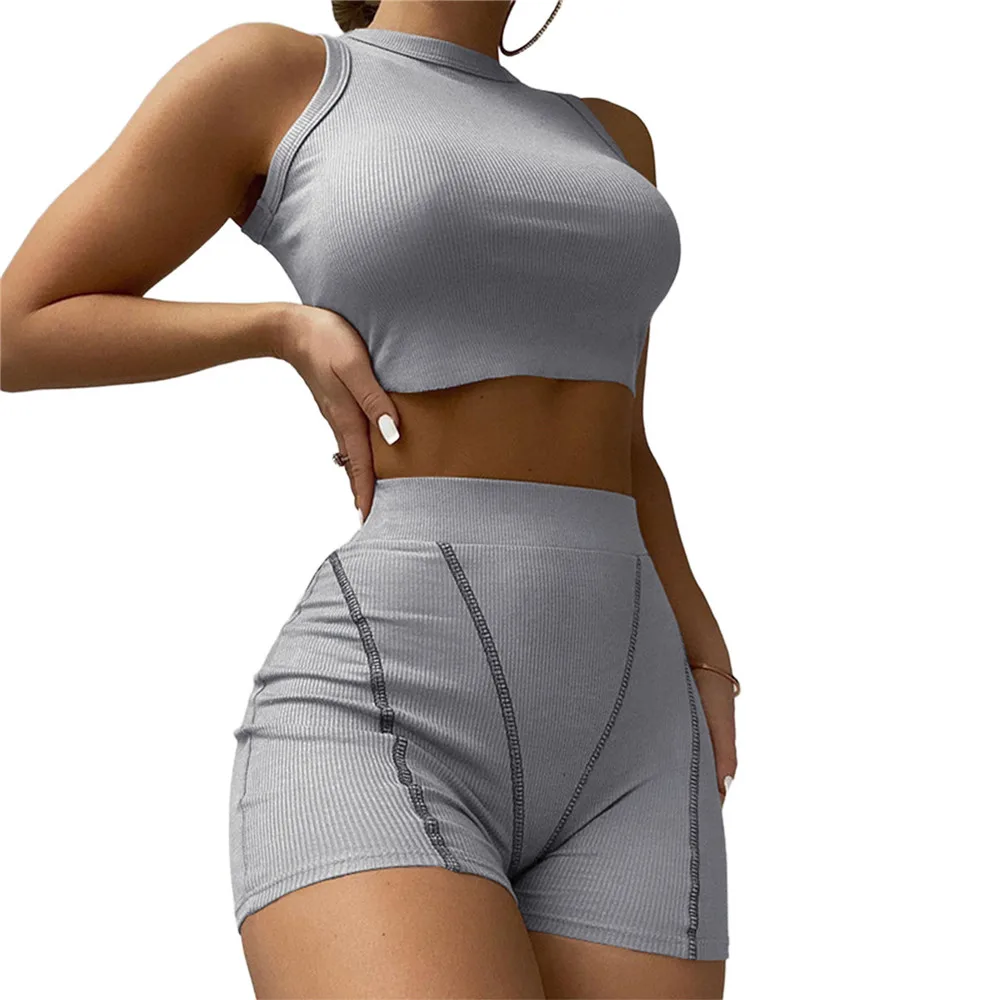

Summer Ladies Suit Threaded High Waist Slim O Neck Tank Top Shorts Ladies Two Piece Casual Sports Breathable New Two Piece set