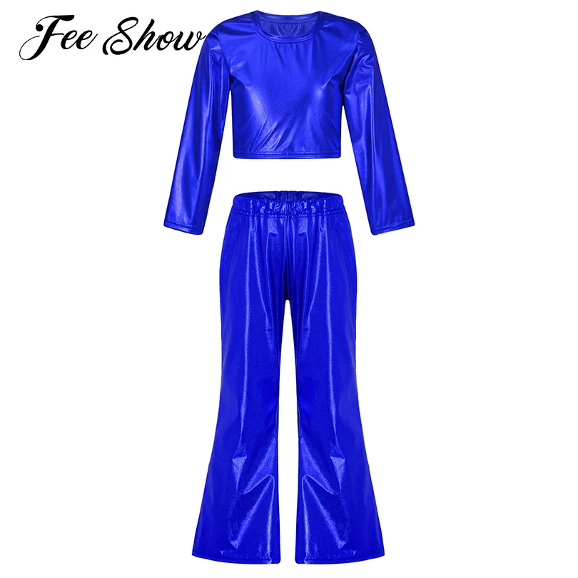 

Teens Girls Boys Two Pieces Dance Outfit Long Sleeve Shiny Metallic Crop Top Mid Waist Flared Pants for Jazz Dancing Competition