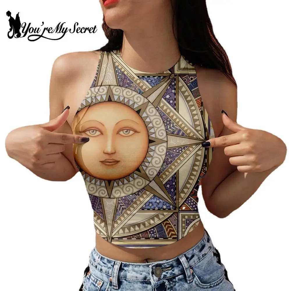 

Женский топ без рукавов [You Are My Secret], летний укороченный топ с лямкой на шее, круглым вырезом и принтом солнца, Летний Пляжный жилет