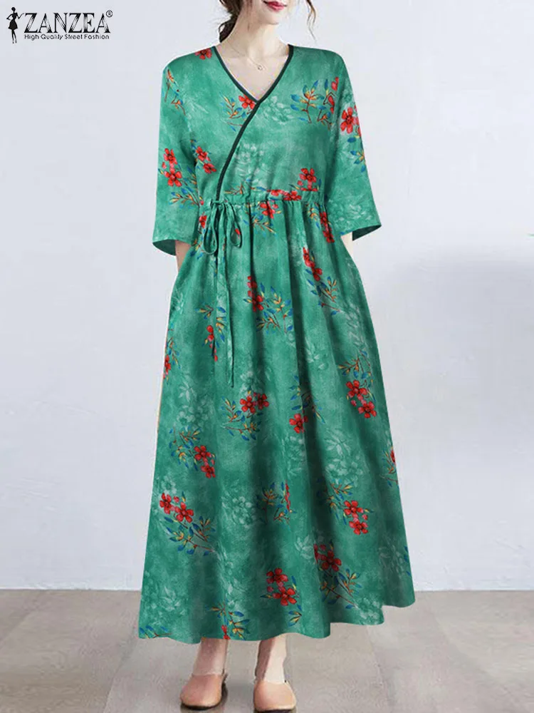 

ZANZEA Korean Fashion Floral Print Long Maxi Dresses Bohemian V-neck Casual Women Dress 3/4 Sleeve Drawstring Waist Wrap Vestido
