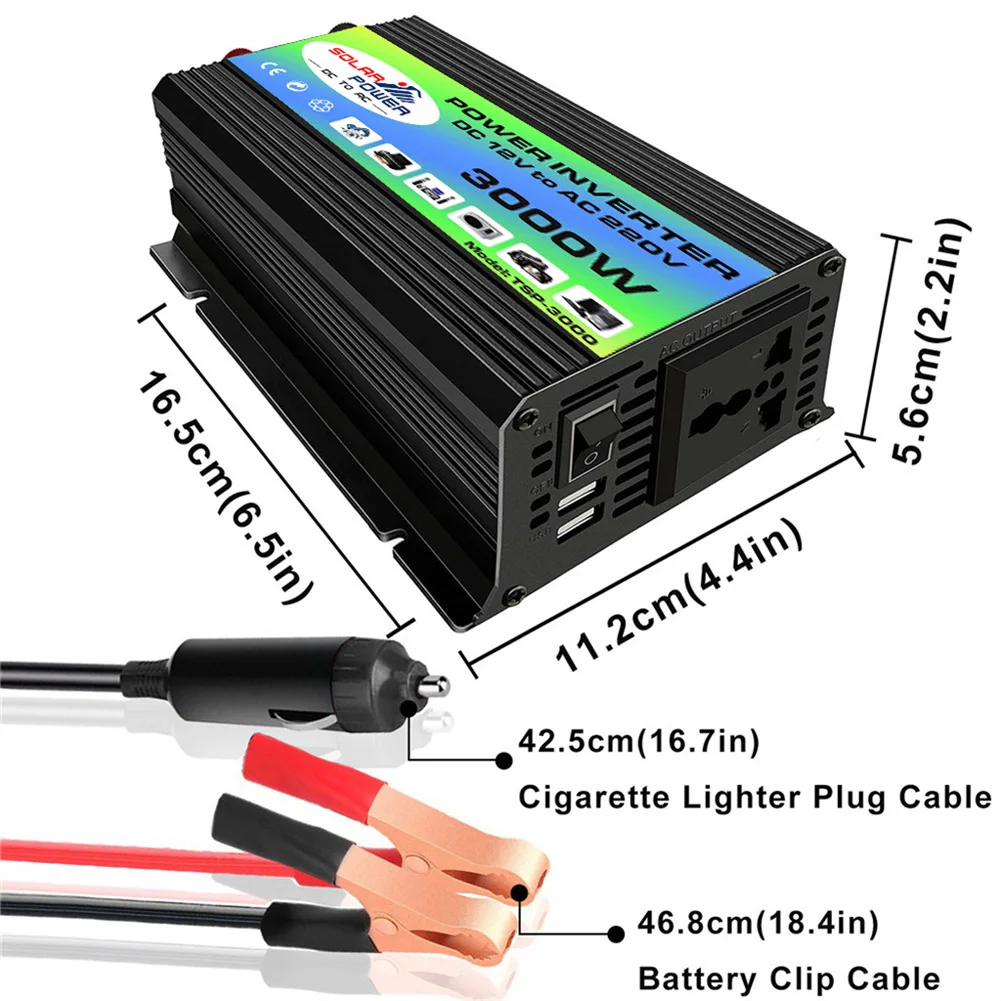 

3000W Boat Car Converter Power Inverter DC 12V To AC 110V/220V Universal Portable Socket Auto Accessories Car Inverter (black)