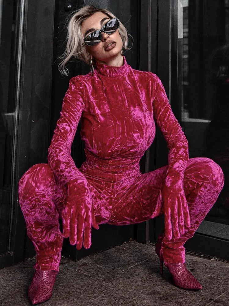 Women Winter Fashion Sexy Long Sleeve Turtleneck Hot Pink Bodycon Velvet Jumpsuit 2022 Celebrity Designer High Street Rompers