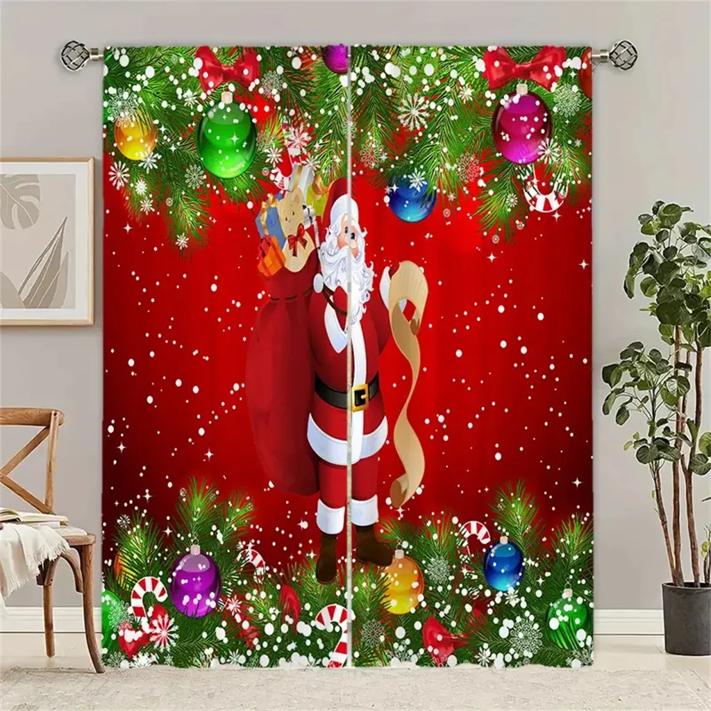 2pcs Set Red Christmas Curtains -Soft Polyester Rod Pocket Design for Living Room & Bedroom Kitchen Decor -Machine Washable