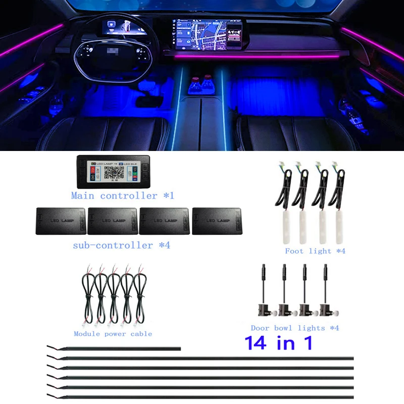 

14 in 1 RGB Dual Zone LED Car Atmosphere Light Interior Decoration Acrylic Optic Strip Backlight App Dashboard Ambient Lamp