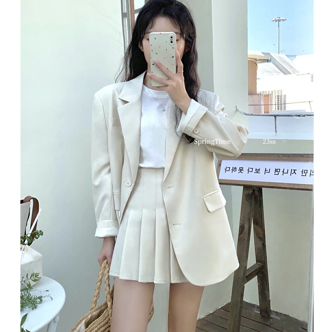 Long Sleeve Single-Brewed Suit Jacket Pleated Skirt Two-Piece Set Female Student 2023 Spring New Skirt Suits Women Clothes