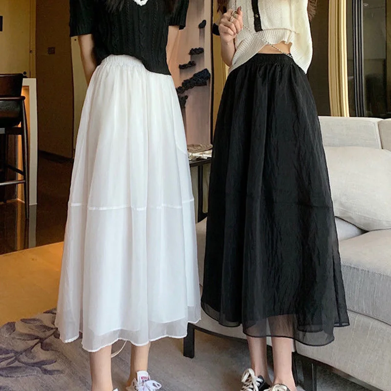 Women Long A-line Organza Skirt  Solid Color Pleated Tulle Skirt  Casual Streetwear Summer Skirt Cool 2023 New Fashion