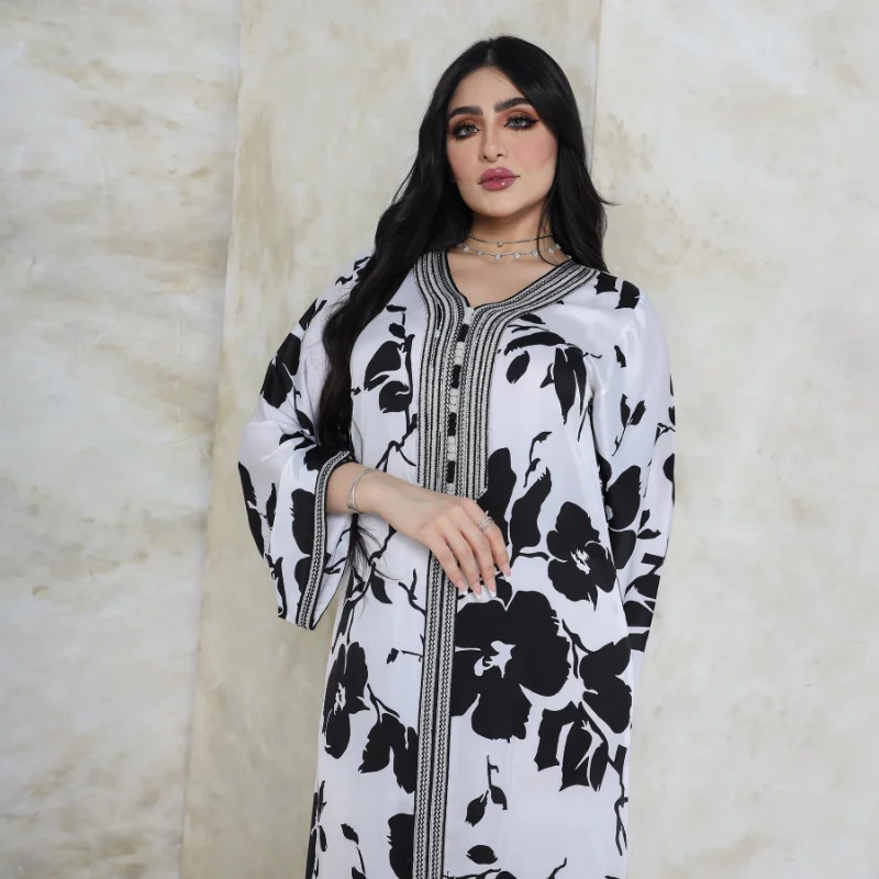 Muslim Fashion 2023 Spring Summer Muslim Women V-neck Long Sleeve Polyester Printing Long Abaya Muslim Dresses Abayas for Women