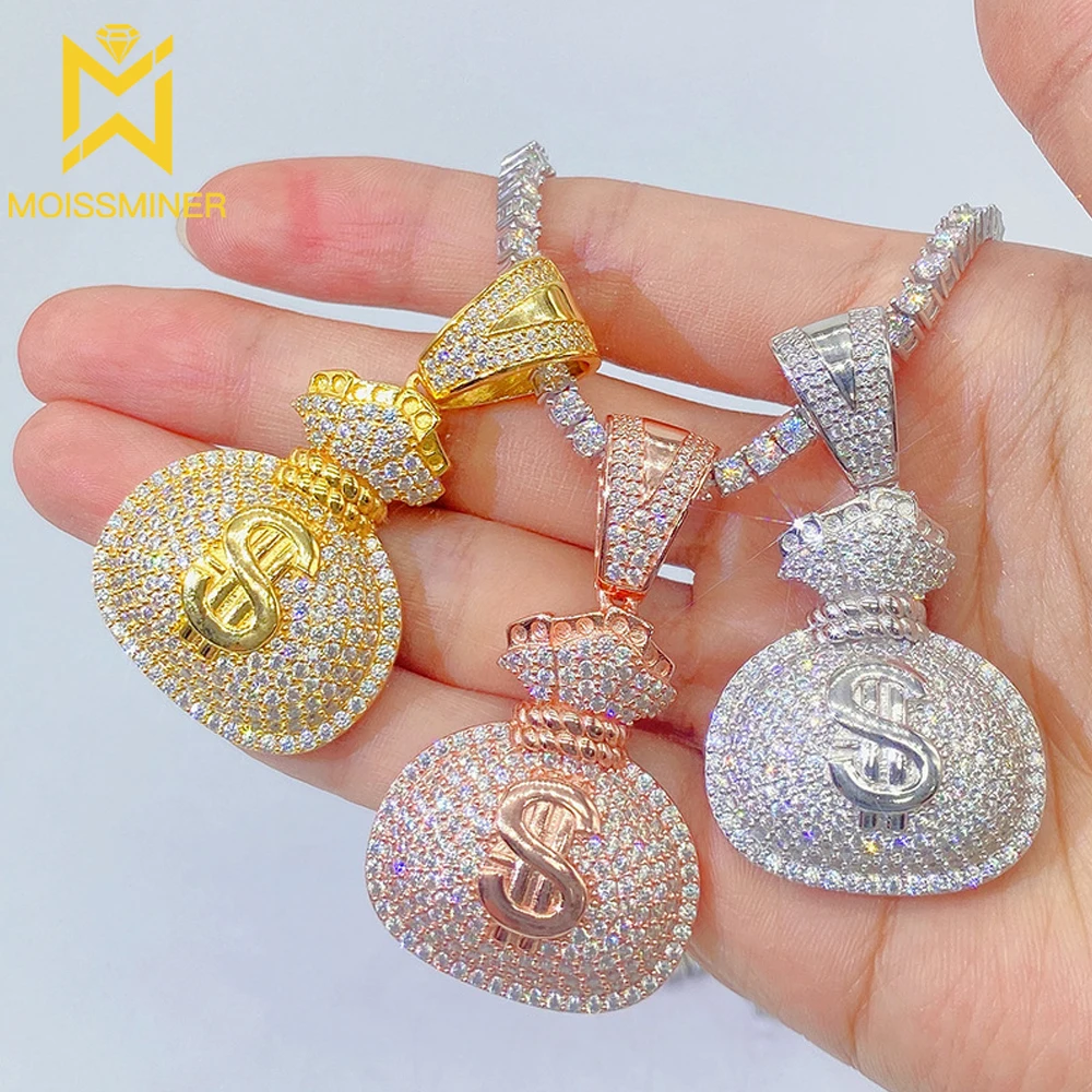 Moissanite S925 Silver Money Bag Pendant Necklaces For Men Real Diamond Necklace Women Jewelry Pass Tester