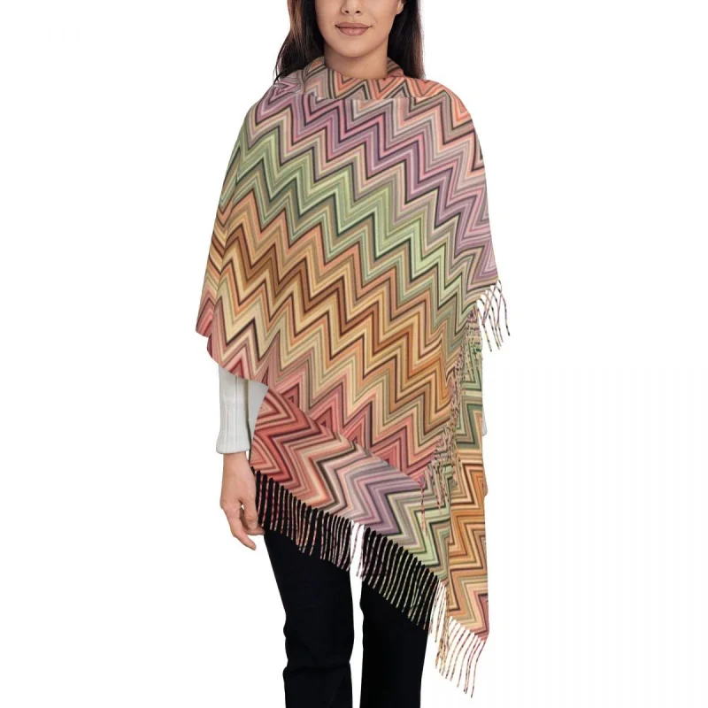 

Ladies Long Boho Vintage Contemporary Zig Zag Scarves Women Winter Soft Warm Tassel Shawl Wrap Multicolor Modern Scarf