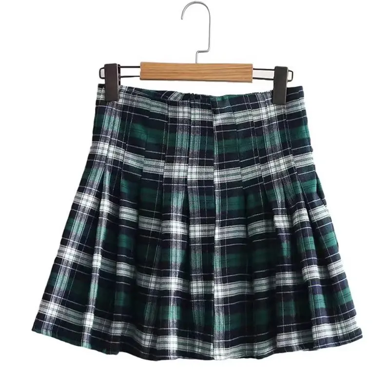 High waist mini skirts women korean fashion plaid skirt green vintage pleated skirts elegant ruffle pencil skirt streetwear images - 6