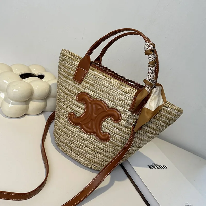 

Vegetable Basket Wicker Bag Girl Arc De Triomphe Beach Rattan Knitting Roll Hand Hand Shoulder Large Gift Bags