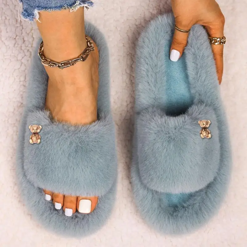 Female Furry Fur Slippers Cozy Women  Bowknot Bear Fur Shoes Cross Strap Warm Home Slides Luxury Soft Flilp Flops Slides