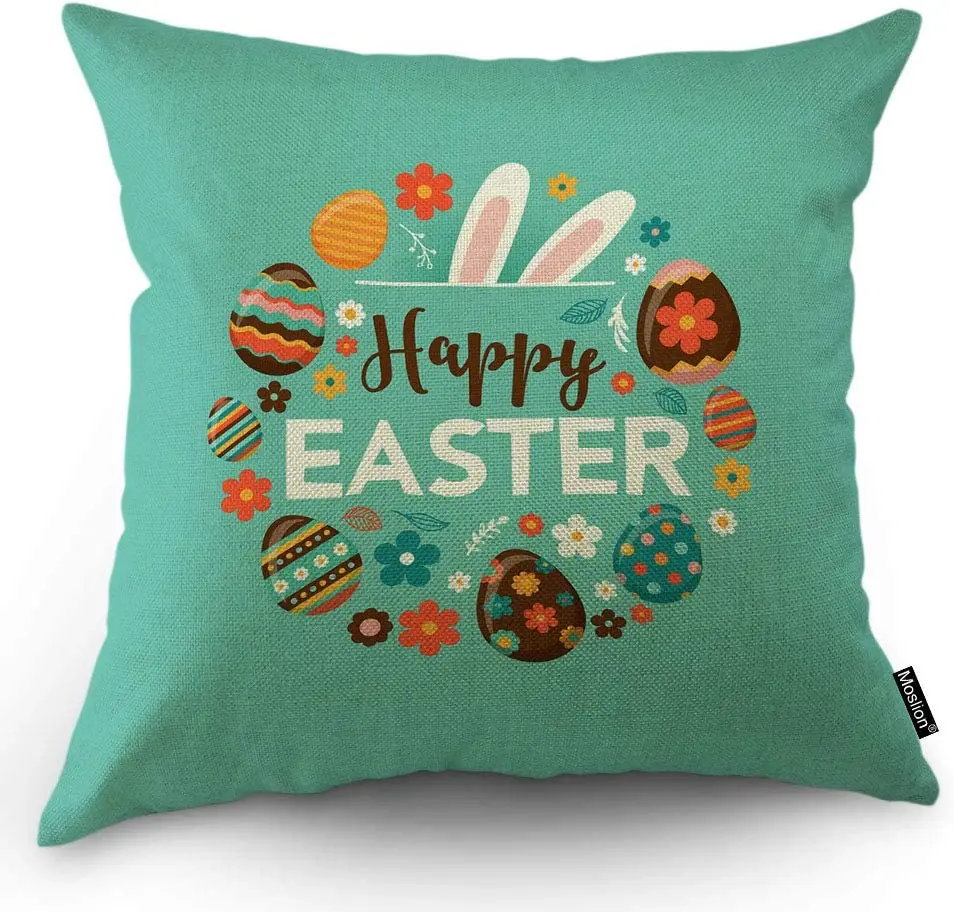 

Cute Rabbit Ear Colorful Flower Leaf Eggs Pillow Case for Home Sofa Square Cushion Happy Happy Father's Day 18x18 Inch Green