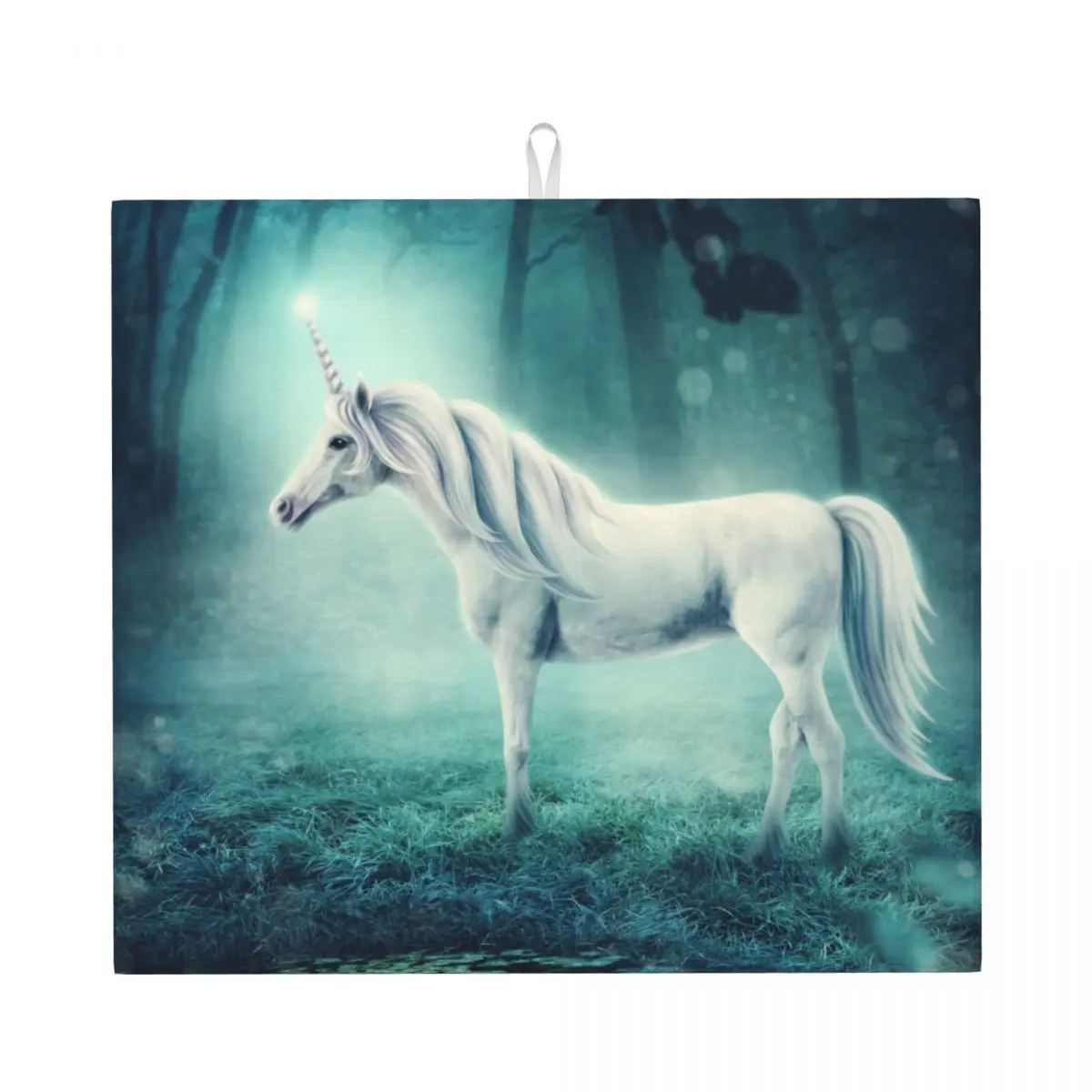 

White Unicorn In A Dark Forest Dish Drying Mat For Kitchen Mud Drain Pad Dishes Cup Bottle Draining Mat
