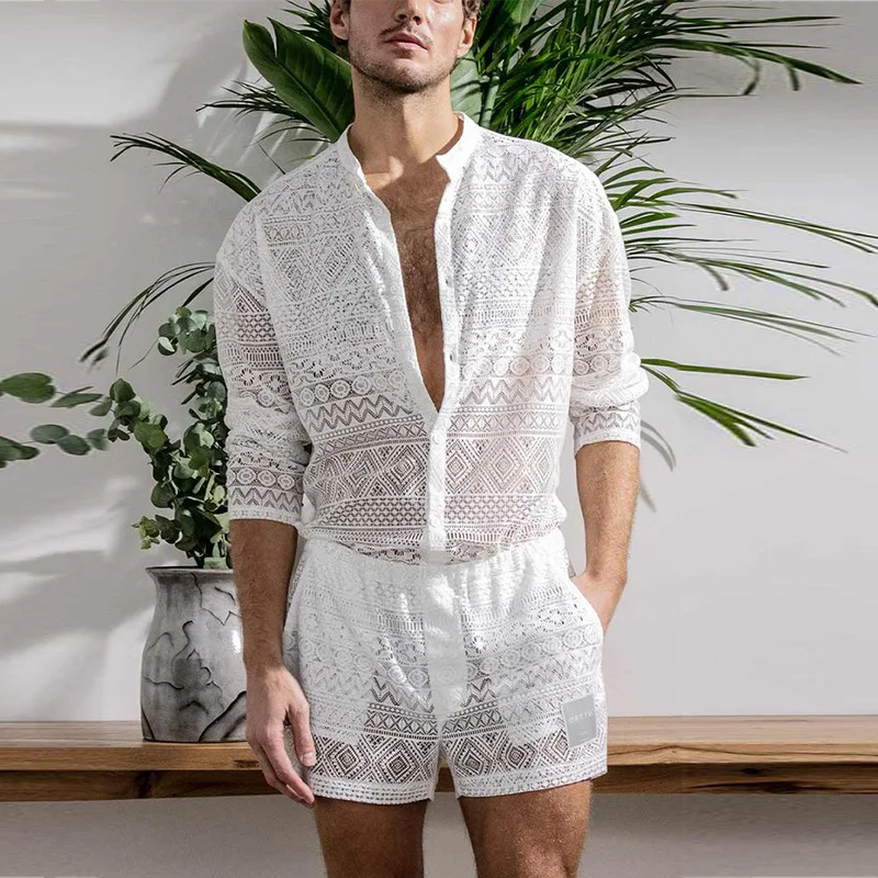 Men's Clothing Fashion Suit Men 2pcs Clothes Set Hollow Out Sexy Lace Short Sleeve Casual T Shirt Top Shorts Summer Solid Color