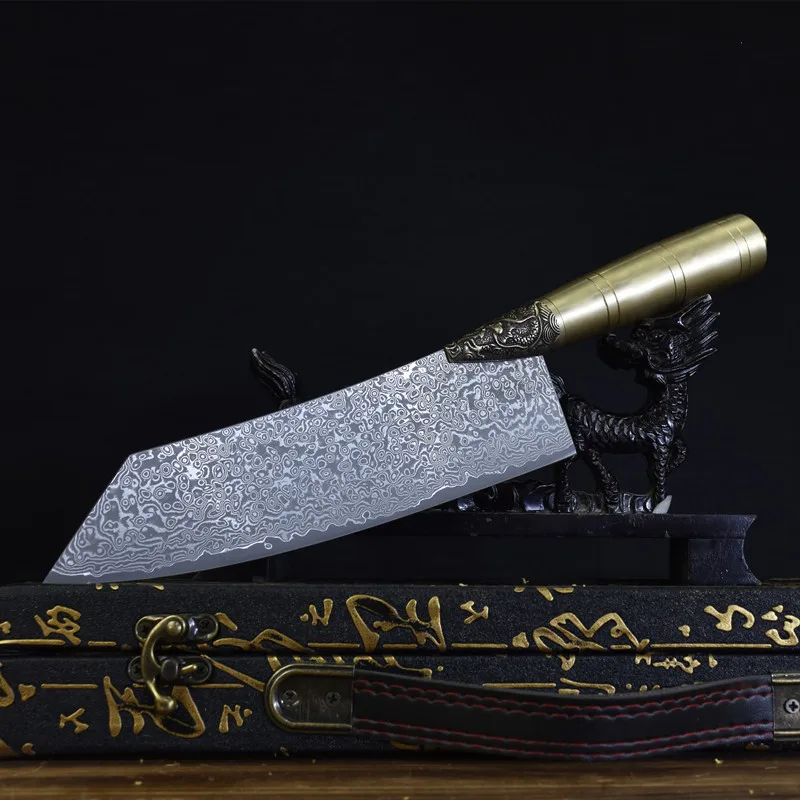 

8.5 Inch Damascus Knife Copper Handle 67 Layers Damascus VG10 Steel Sharp Kiritsuke Cleaver Slicing Chef Longquan Kitchen Knives