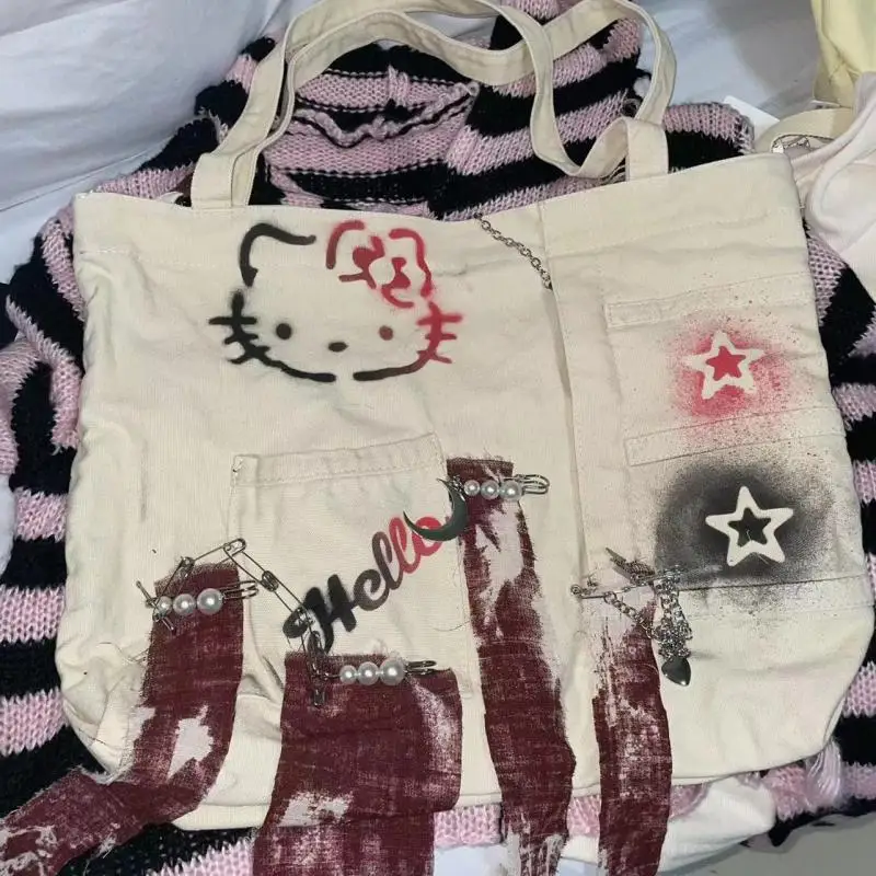 

Kawaii Sanriod Anime Hobby Kitty Y2K, оригинальная ручная роспись, контрастные цвета, универсальная Холщовая Сумка через плечо