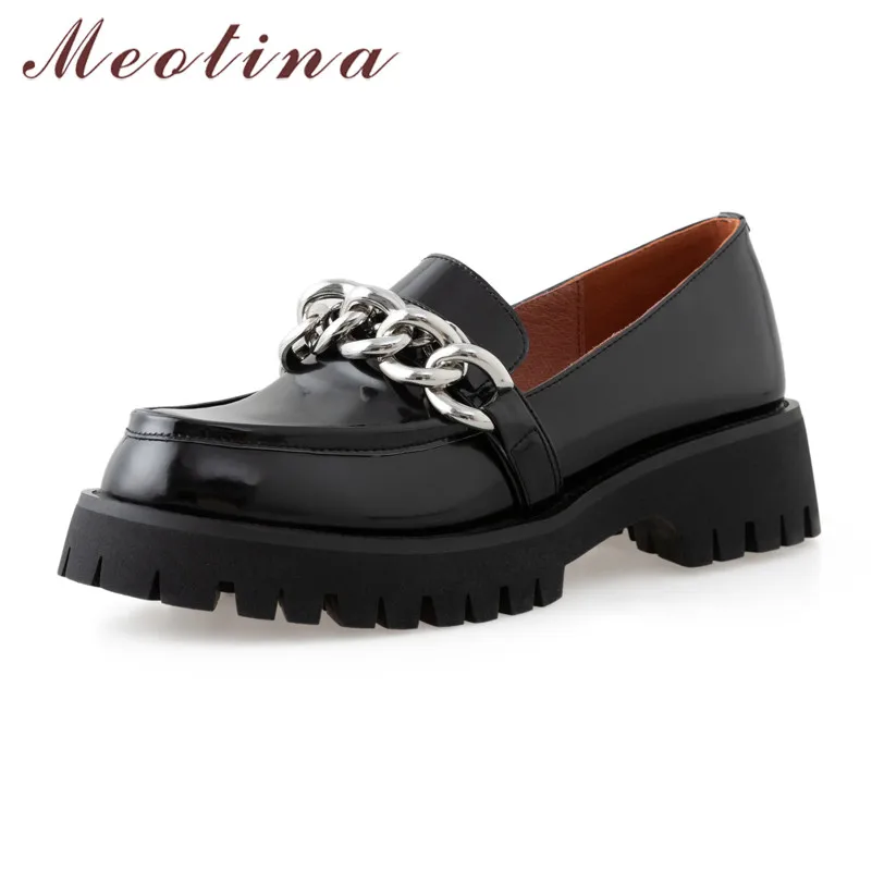 

Meotina Women Block Heels Pumps Real Leather Platform Mid Heels Shoes Cow Leather Chain Round Toe Shoes Ladies Black 2021 33-43