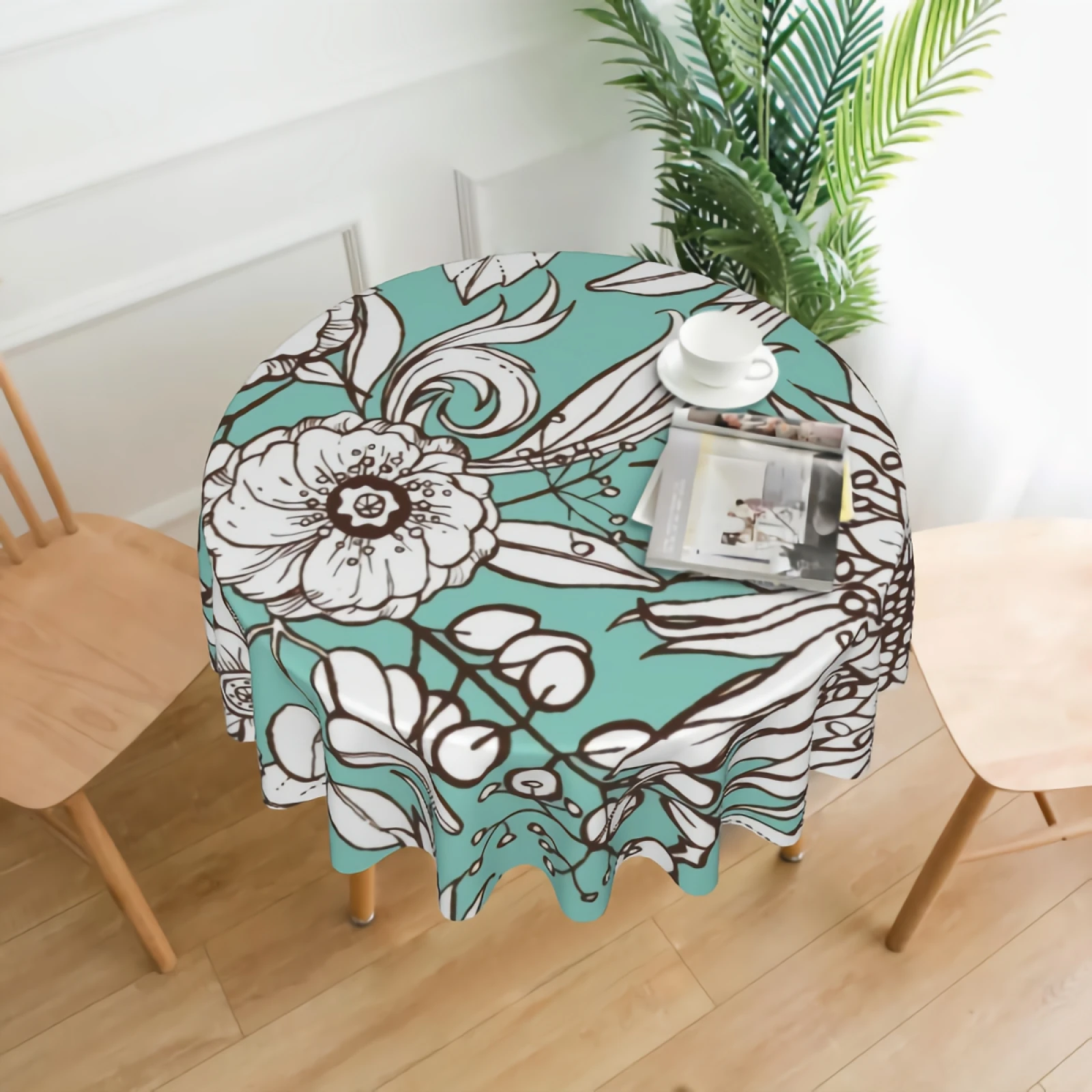 

Flower Pattern On Blue Background Round Tablecloth Waterproof Blooming White Flowers Table Cloth Cover Washable 60" Dining Decor