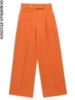 pailete women 2022 fashion side pockets front darts wide leg pants vintage high waist zipper fly female trousers mujer