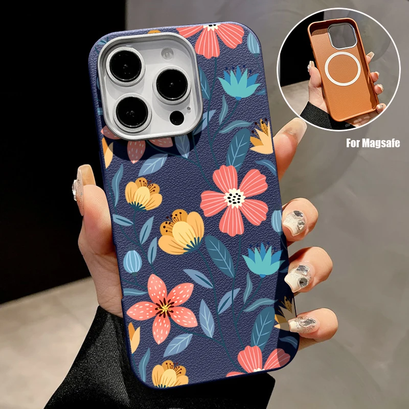 Мягкий чехол с магнитной текстурой кожи цветочным принтом для Magsafe iPhone 16 15 14 Pro Max