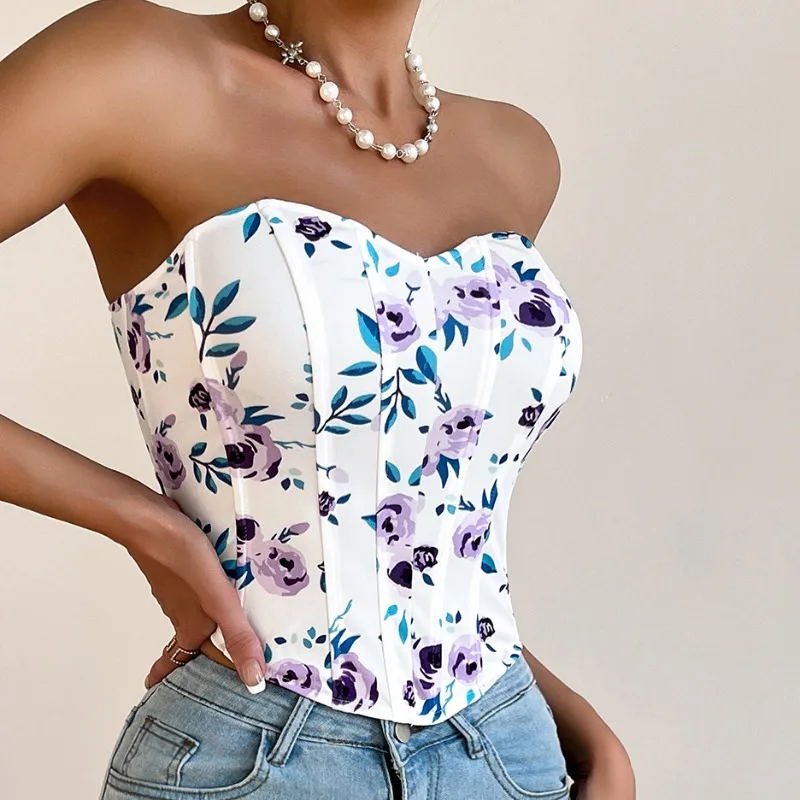 

Women's Sexy Blended Hot Sweet Print Solid Chest Wrap Elegant Irregulariity Floral Crop Top Holiday Single Breasted Tunics Y2K