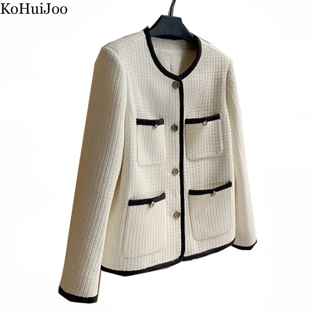 

KoHuiJoo White Elegant Lady Formal Tweed Woolen Coat Autumn Clothes Women 2022 Oversized Long Sleeve O Neck Pocket Outerwear