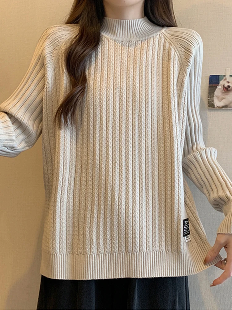 Plus Size Plus size women clothing Belly Covering Idle Sle Half-high Collar Knit Female Autumn and Winter Fat Sister Loose Sl...