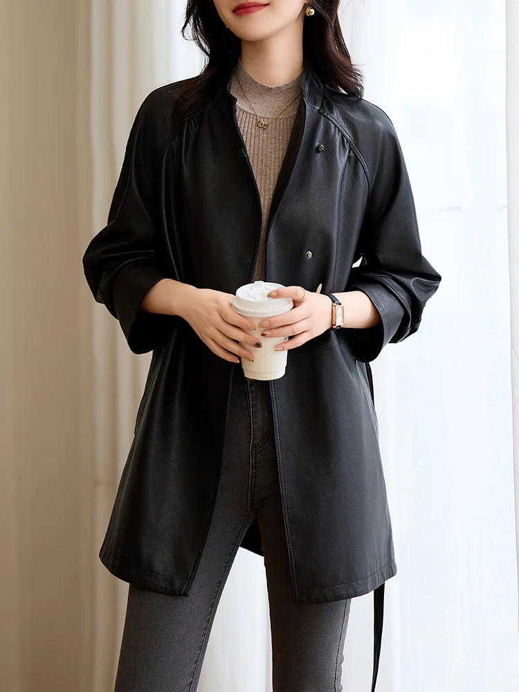 Осень 2024 модное новое пальто из натуральной кожи женский Тренч овчины High Sense of