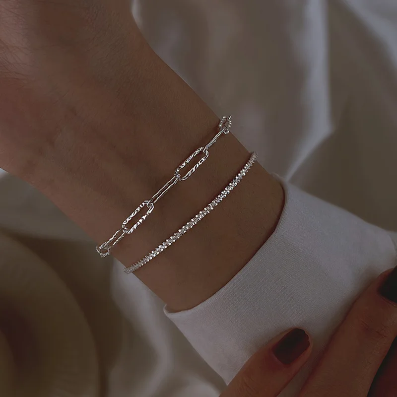 

Rectangular Sparkling Chain Bracelet Elegant Silver Color Shiny Charm Bracelet For Women Party Wedding Minimalist Jewelry Gift