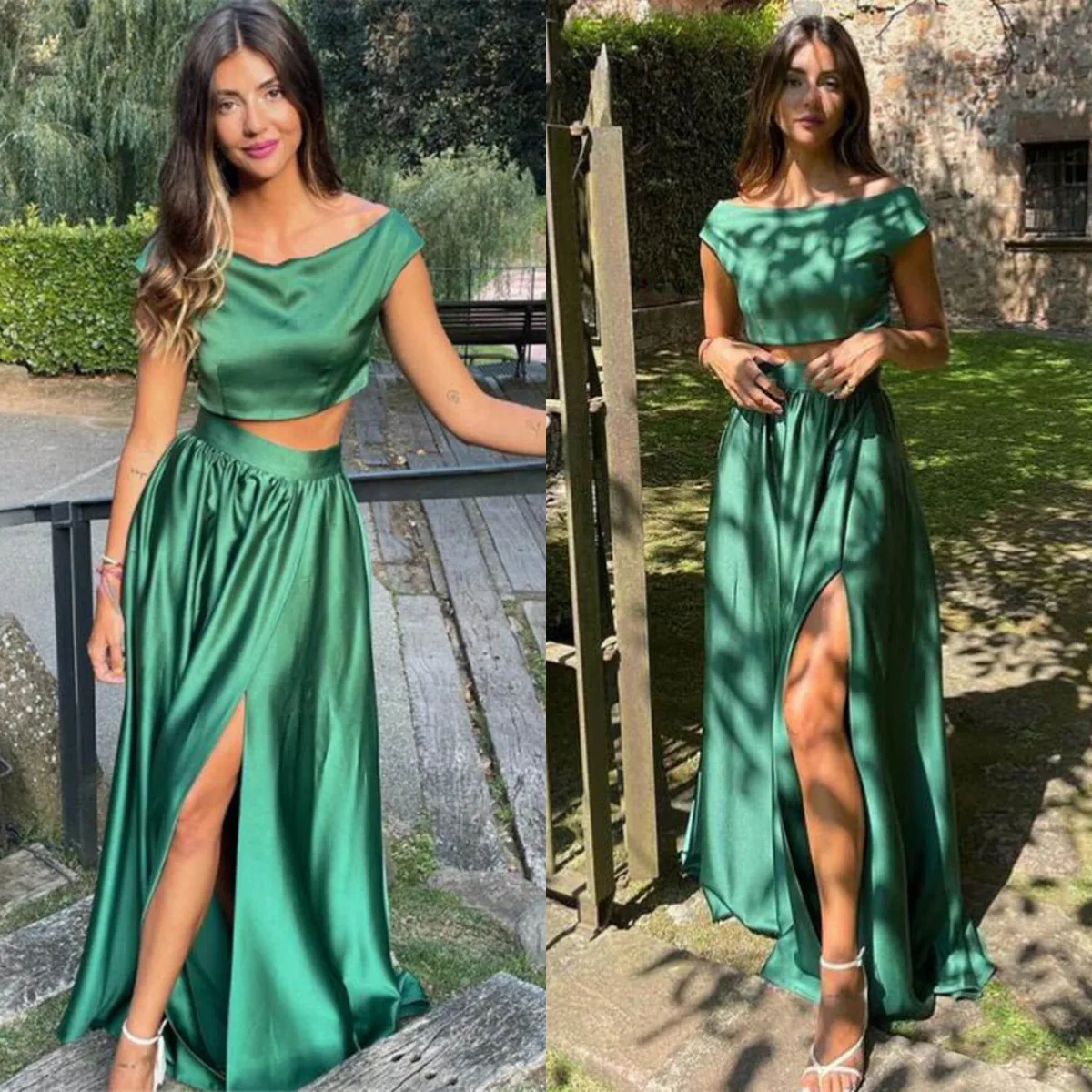 

Green 2 Pieces Satin Formal Evening Dresses Long Slit Side Women Prom Gowns Bridesmaid Dress For Wedding Party robes de soirée