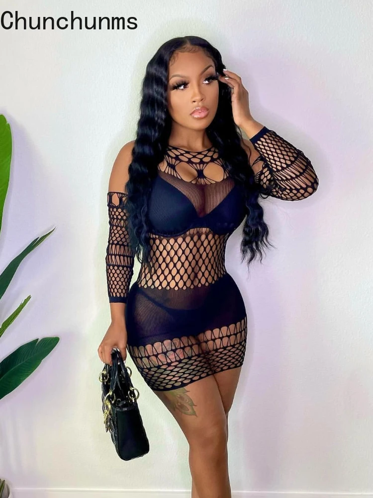 

Women Fancy Bodycon Hollow Out Mesh Sexy Dress Summer See Through With Sleeve Hole Club Lingerie Dresses 2022 Fishnet Outfits