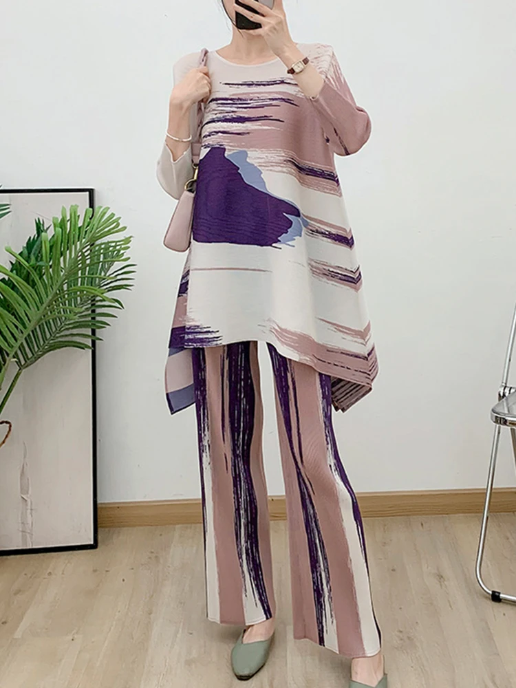 Женские плиссированные комплекты DEAT свободный топ с длинным рукавом и круглым