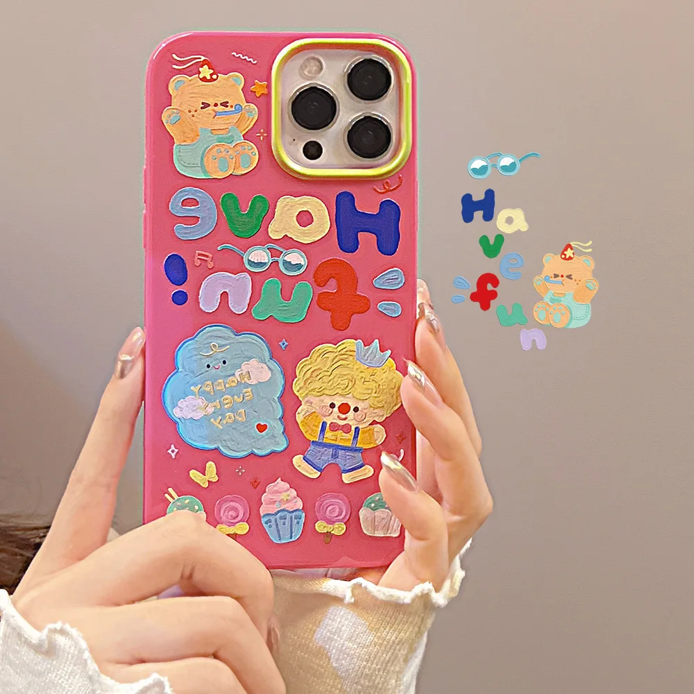 Rose Red Cute Boy Cake Happy Bear Silicone Soft Cover for iphone14 Xr Xsmax 8 7 Plus SE 2020 x 12 13 Pro Max Mini 11 Capa Shell