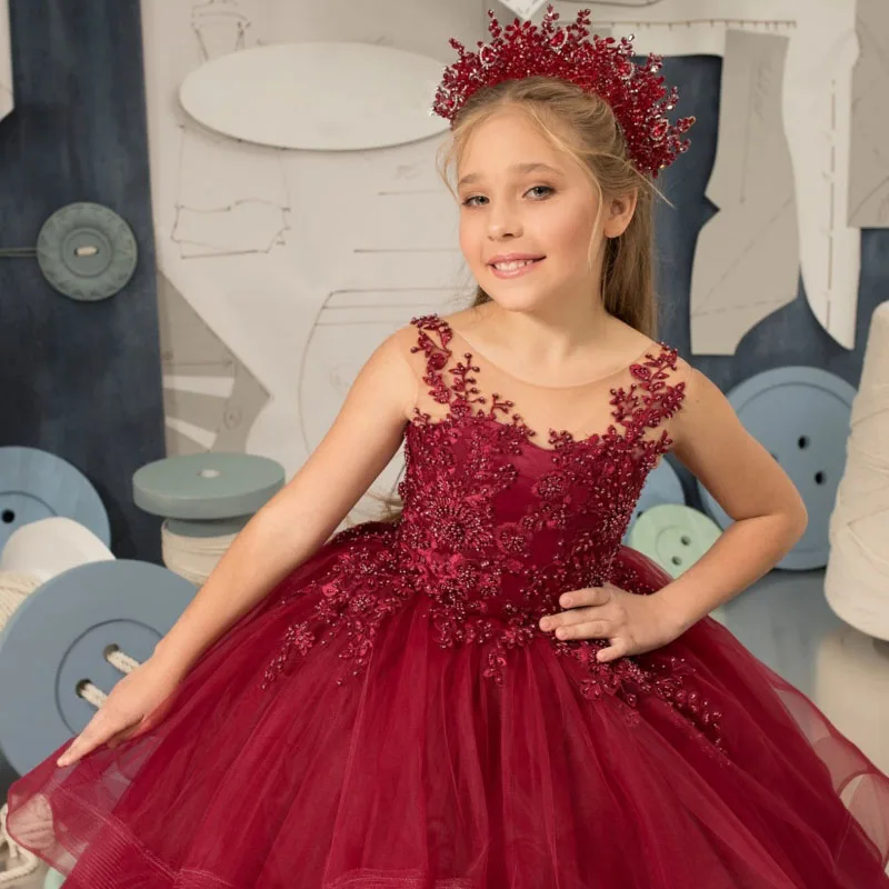 Бордовые платья для девочек-цветочниц по индивидуальному заказу тюлевое пышное