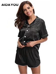 Пижама, комплект из двух предметов, атласная пижама с коротким рукавом и пуговицами, корейский стиль, Шелковый пижамный комплект, ouc413a