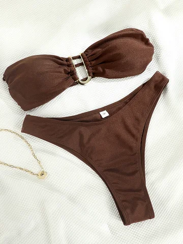 Комплект бикини коричневого цвета, однотонный купальник, женский купальник-бандо, костюмы из двух предметов, пляжная одежда с U-образным вырезом, ажурное бикини