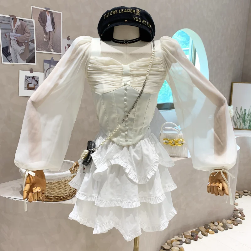 

Niche Design New Women's Clothing 2022 Autumn Lantern Sleeve White Chiffon Shirt Female Design Sexy Single Breasted Shirt Top