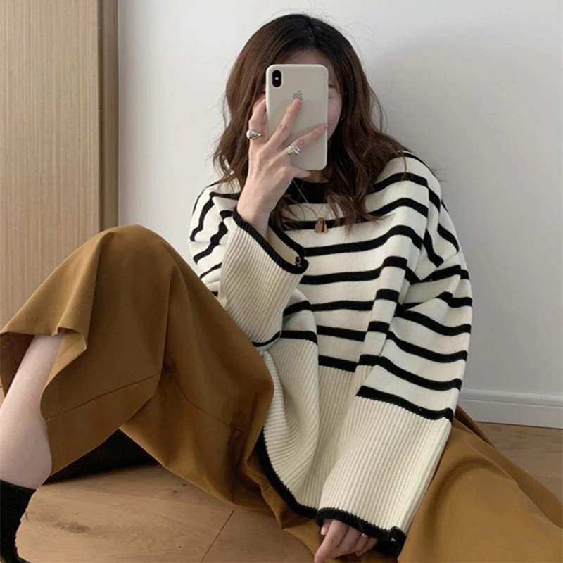 

Striped Split Turtleneck Women Sweater Long Flare Sleeve Knitted Oversized Autumn Winter Female Pullover Fashion Long Sleeve Top