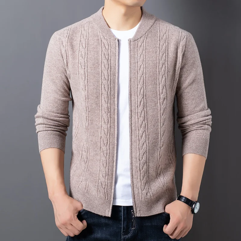 Autumn and Winter New Men's 100% Wool Cardigan Thicken Loose Solid Color Sweater Casual Knitted Wool Cardigan Coat