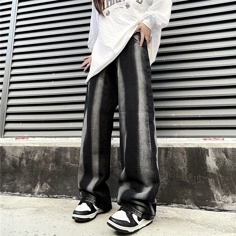 Men Clothing 2022 New Pattern Recreational Vintage Broad Leg Black Stripe Jeans Straight Cylinder Loose Cargo Pants Autumn Women